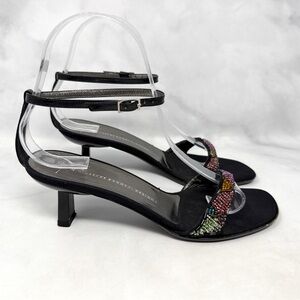 Giuseppe Zanotti Vintage 90s Y2K Beaded Ankle Strap Kitten Heels Retro Black 37